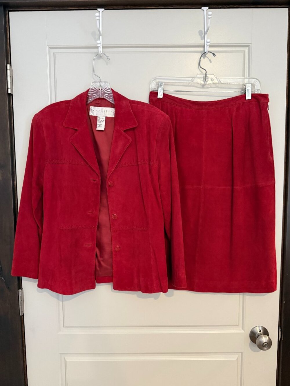 Vintage Doncaster Red 100% Genuine Suede Skirt Suit Set - Size 12
